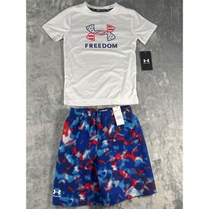 Under Armour Freedom Boys 2pc Swim Set Rash Guard Trunks White Blue Camo Size 6